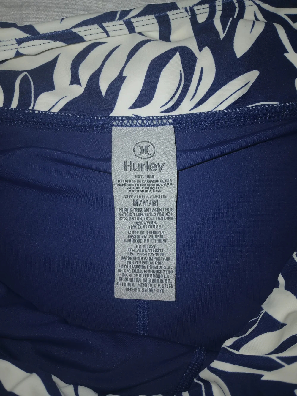 Hurley Navy and White Leaf-Print Swim Skort